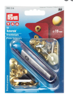 Set capse metalice, anorak pentru textile, finisaj auriu, de 15 mm, cu aplicator, 10 perechi, Prym