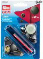 Set capse metalice, anorak pentru textile, de 20 mm, culoare argintiu antic, capac cu design, cu aplicator, 6 buc, Prym