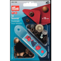 Set capse metalice, anorak pentru textile, culoare alama antica, de 15 mm, cu aplicator, 10 perechi, Prym