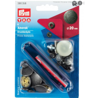 Set capse metalice, anorak pentru textile, de 20 mm, culoare argintiu antic, capac cu design, cu aplicator, 6 buc, Prym