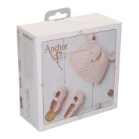 Kit de crosetat pentru nou-nascuti, caciulita cu urechi de urs si pantofi, contine fire si instructiuni, Anchor Bear Beanie and Booties, roz