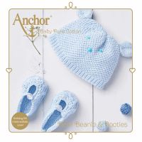 Kit de crosetat pentru nou-nascuti, caciulita cu urechi de urs si pantofi, contine fire si instructiuni, Anchor Bear Beanie and Booties, albastru